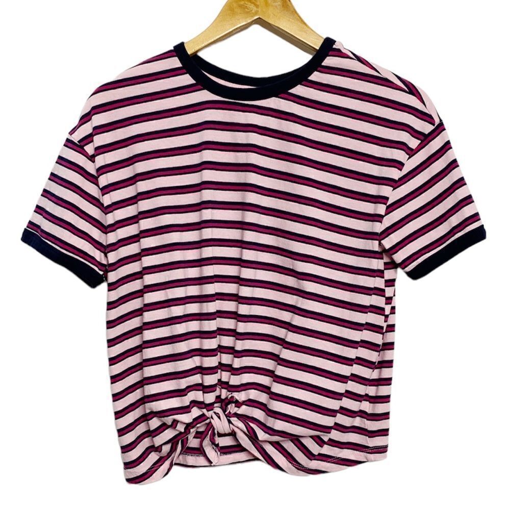 No Boundaries Striped Front Tie Short Sleeve Shirt Pink Blue Large
